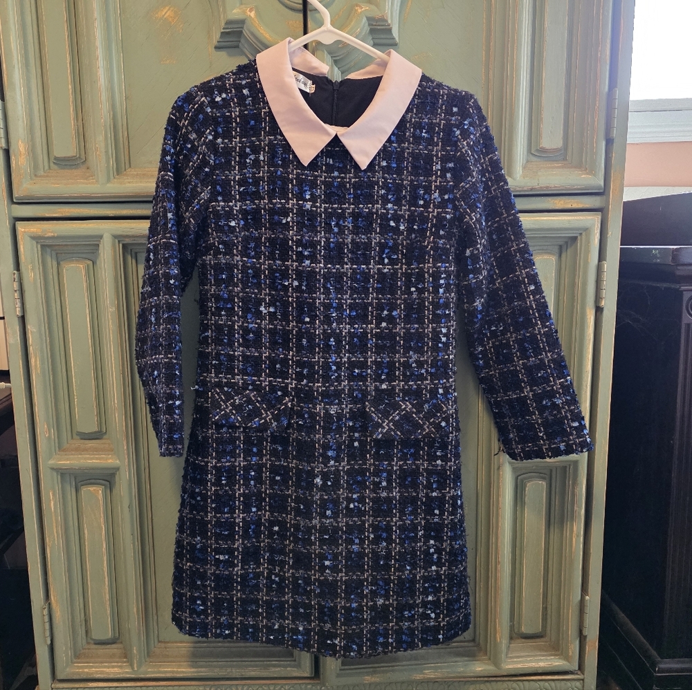 Blue and Black Plaid Dress with White Collar